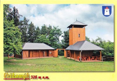Vyhlídková věž Vrškamýk 328 m n.m. u Kamýku nad Vltavou (žlutá, erb)