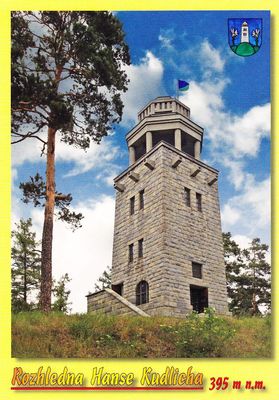 Úvalno. Rozhledna Hanse Kudlicha 395 m n.m. (žlutá, erb)
