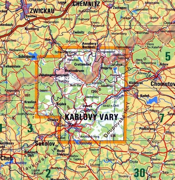Krušné hory. Karlovarsko. Porolaví, Jáchymovsko, Klínovec. Turist. mapa 1:50.000
